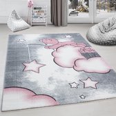 KinderTapijt Beer wolk Ster Desing Grijs roze Wit