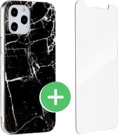 iPhone 12 Hoes 6.1 inch - Ook Geschikt voor iPhone 12 Pro - Hoesje voor iPhone 12/12 pro - Marmer Zwart - Apple Cover Zwart Incl. 1x iPhone 12 Screenprotector