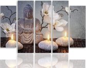 Schilderij , Boeddha en witte zen stenen, grijs wit ,4 maten , 5 luik , wanddecoratie , Premium print , XXL