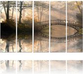 Schilderij , Brug in mistig bos  , multikleur  ,4 maten , 5 luik , wanddecoratie , Premium print , XXL