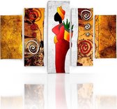 Schilderij , Kleurrijke vrouw met rode jurk , oranje wit rood ,4 maten , 5 luik , wanddecoratie , Premium print , XXL