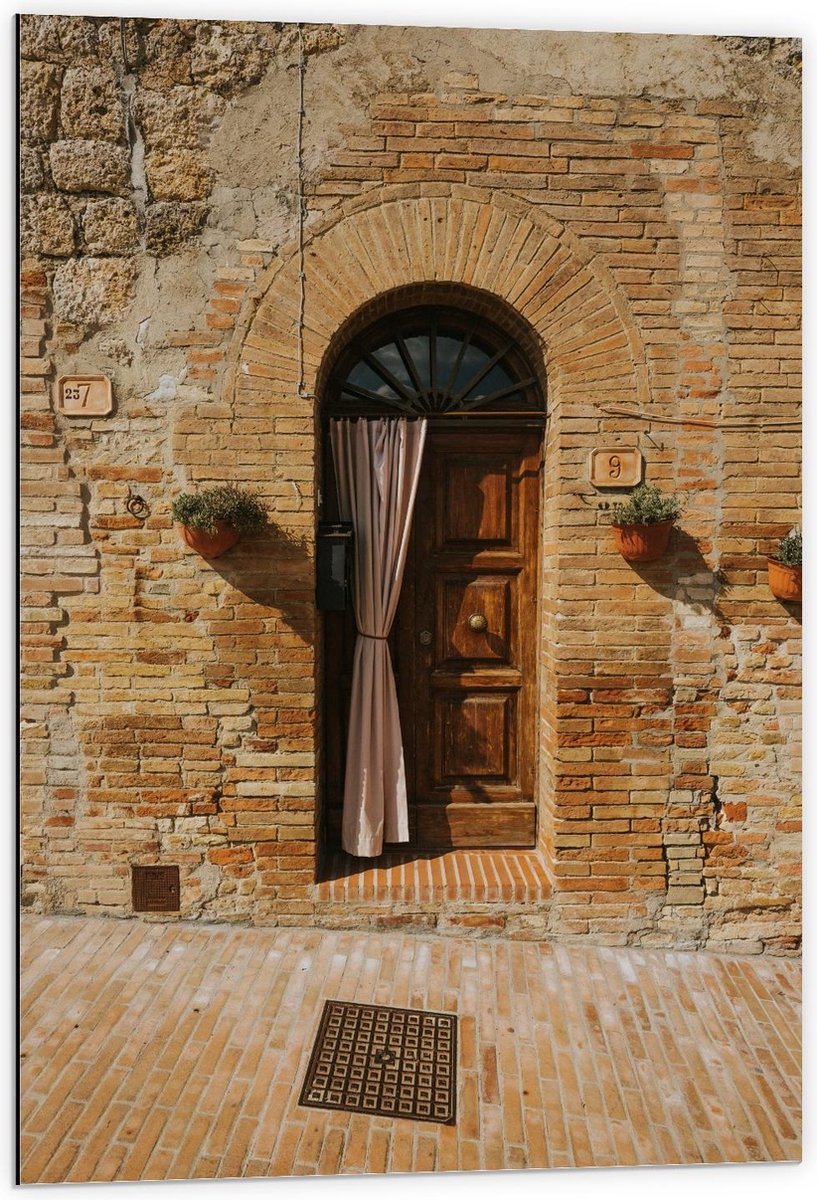 Dibond - Voordeur Klein Bruin Huisje - 60x90cm Foto op Aluminium (Wanddecoratie van metaal