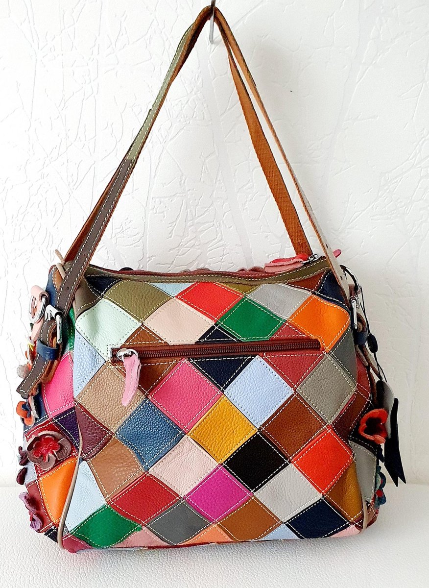 Segater® Meerkleurige bloemen rundlederen schoudertas voor dames, vintage rundleer handtas bloemenpatroon 3D schoudertassen dames reistas met