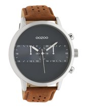 OOZOO Timepieces - Zilveren horloge met bruine leren band - C10673 - Ø50