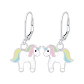 Joy|S - Zilveren Eenhoorn paardje oorbellen Unicorn glitter wit leverback sluiting