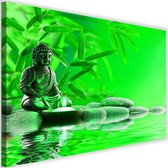 Schilderij Boeddha, water en stenen, 2 maten, groen, Premium print