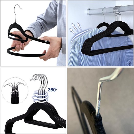 50 Anti-slip kleerhangers - Ultra-dun - Met Broeklat of Roklat - Zwart