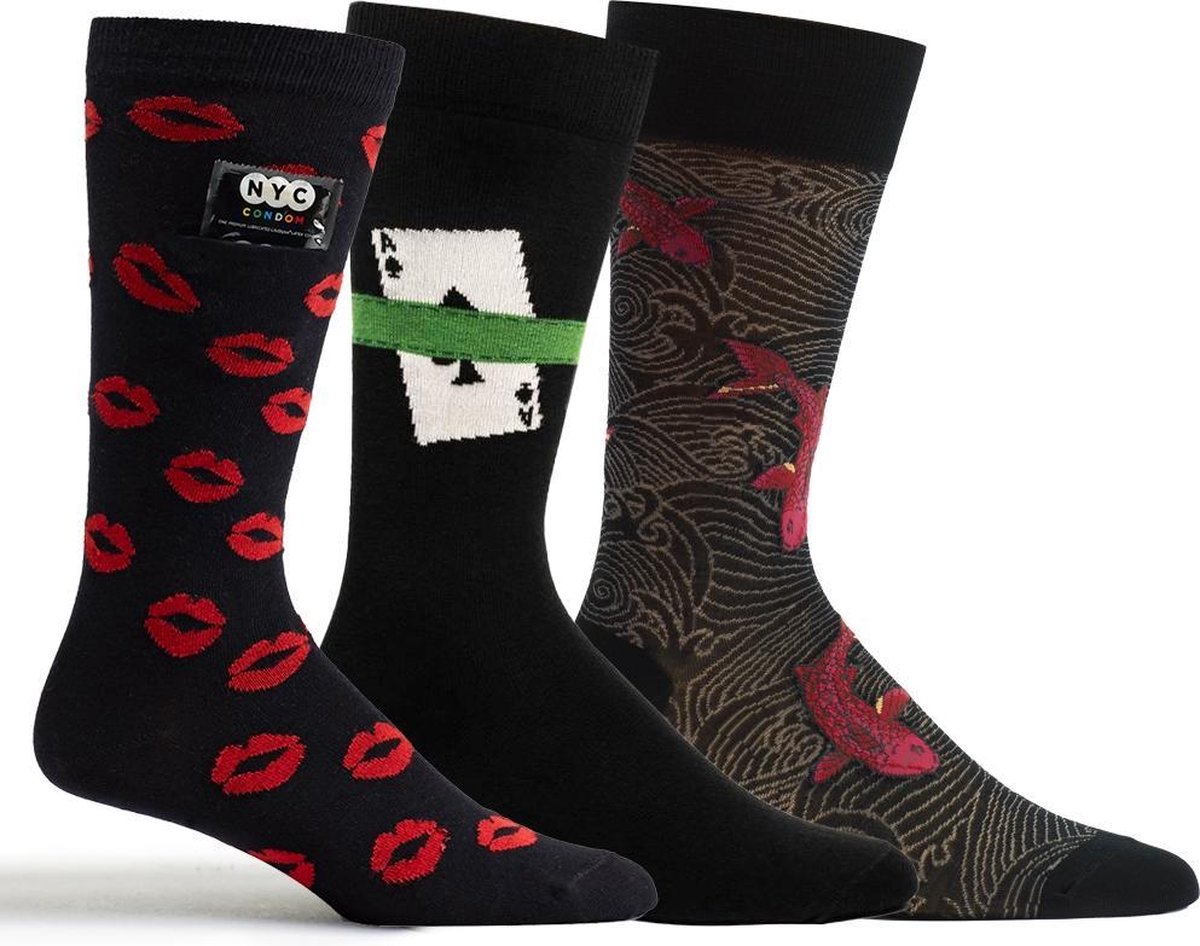 OZONE | Set van 3 Heren sokken | Novelty Collection | Unisize | Comfort en stijl | Geschenkset | Safe Sock, Ace of Spades, Drifting Koi