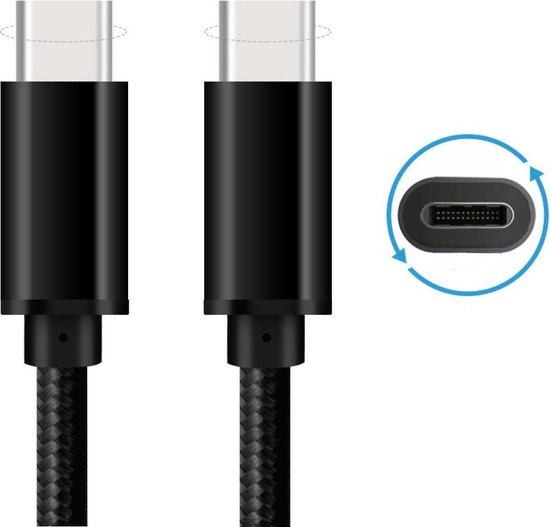 Twee zwarte USB-C connectoren met informatie over de draaibare functie, naast een gevlochten kabel.