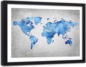 Foto in frame , Blauwe kaart van de wereld , 120x80cm , blauw grijs ,wanddecoratie , Premium print