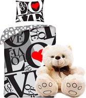 Rood Hart dekbedovertrek set 140 x 200 cm - Love dekbed -  incl. super zachte knuffelbeer knuffel wit 26 cm , kinderen slaapkamer eenpersoons dekbedovertrek - teddybeer beren knuff