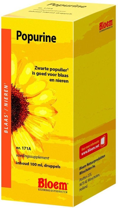 Gele doos met 'Popurine', zonnebloem en tekst 'Zwarte populier is goed voor blaas en nieren'.
