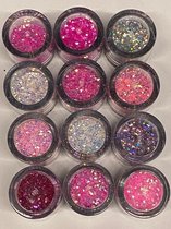 Nail Art - Nagel Glitters - Acryl - Gel - Gezicht - Ogen - Lippen - Lichaam - Diverse Kleuren - Set 12 Stuks x 10 ML