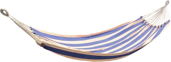 Liviza hangmat blauw - wit | Katoen en polyester - inclusief bevestigingsmaterialen - hangmat bevestigingsset - hangmat met standaard 2 persoons - hangmatten
