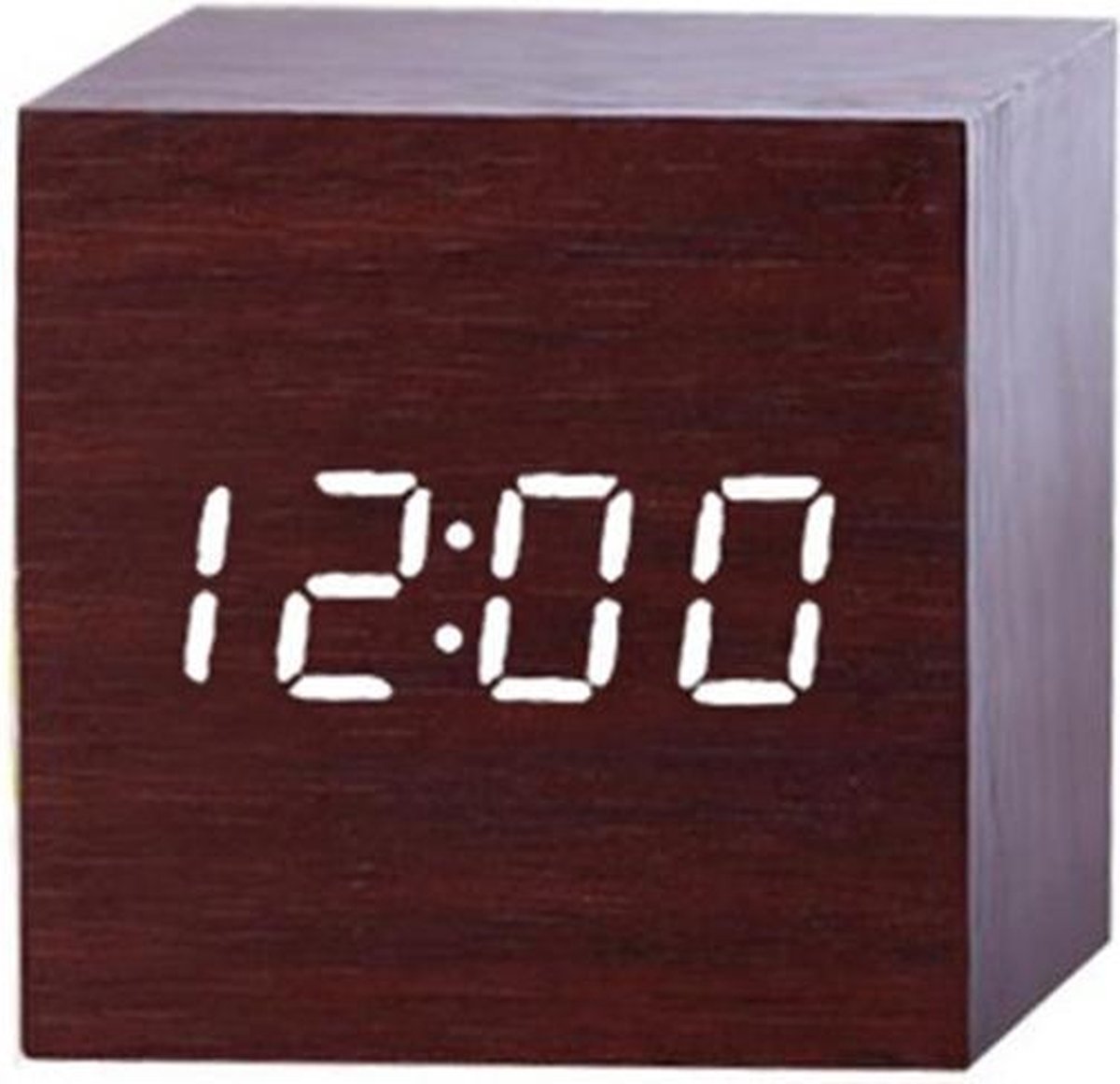 Houten wekker Kubus - Bruin - Digitale wekker - Thermometer - Dimbaar – Cube klok clock - Gratis Adapter - Draadloos