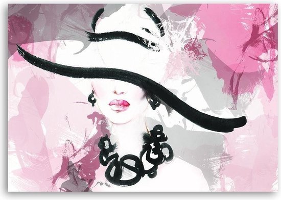 Peinture Femme au chapeau 2 tailles noir blanc rose d coration