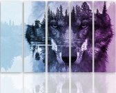 Schilderij Wolf in het bos in paars en blauw, 5 luik, 4 maten