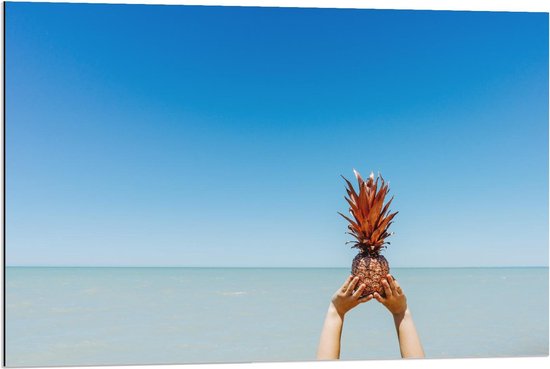 Dibond - Gouden Ananas in de Lucht  - 90x60cm Foto op Aluminium (Met Ophangsysteem)