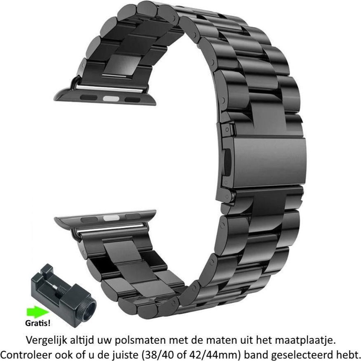 Zwart Stalen Horloge Band geschikt voor Apple Watch 1, 2, 3, 4, 5, 6, SE, 38mm & 40mm "Vrouwenbreedte" Series – Maat: zie maatfoto - Roestvrij staal - RVS - 38 mm & 40 mm - Black