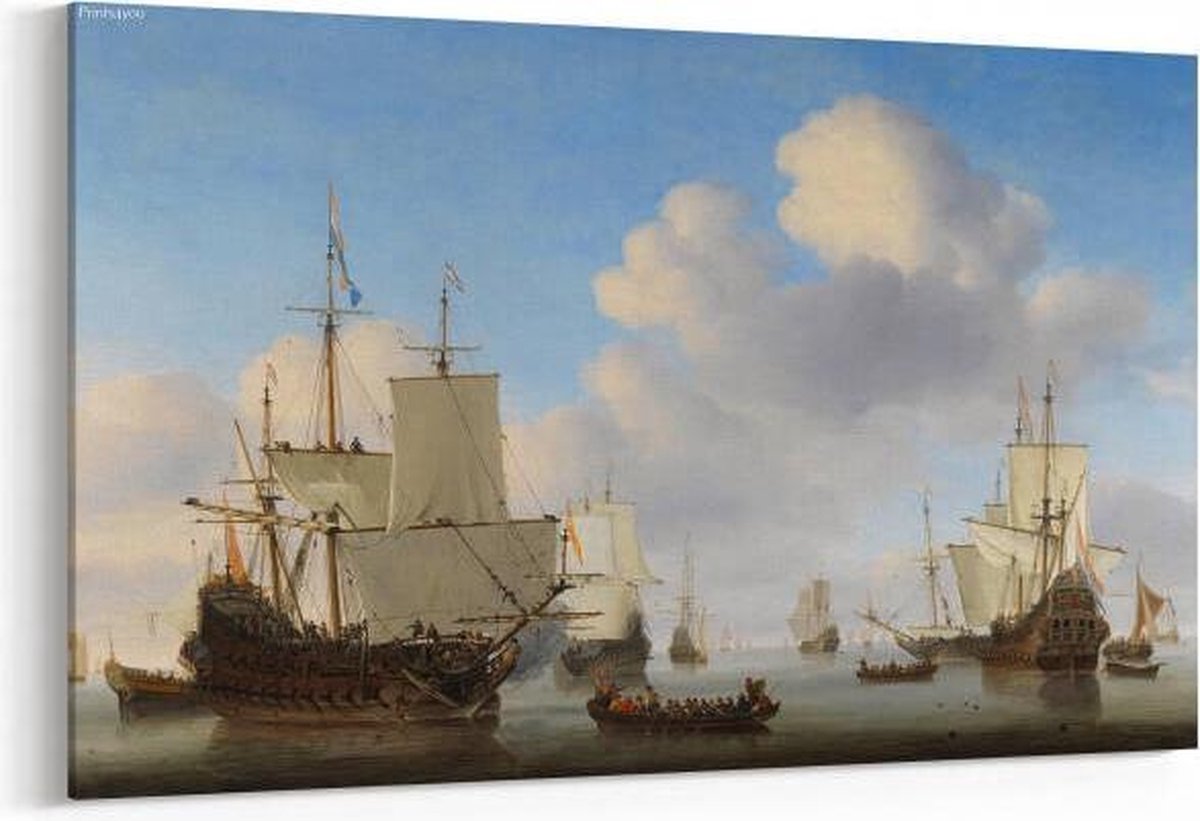 Schilderij - Hollandse schepen op een kalme zee — 100x70 cm | bol.com