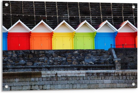 Tuinposter – Gekleurde Strandhuisjes op een rij - 90x60cm Foto op Tuinposter  (wanddecoratie voor buiten en binnen)