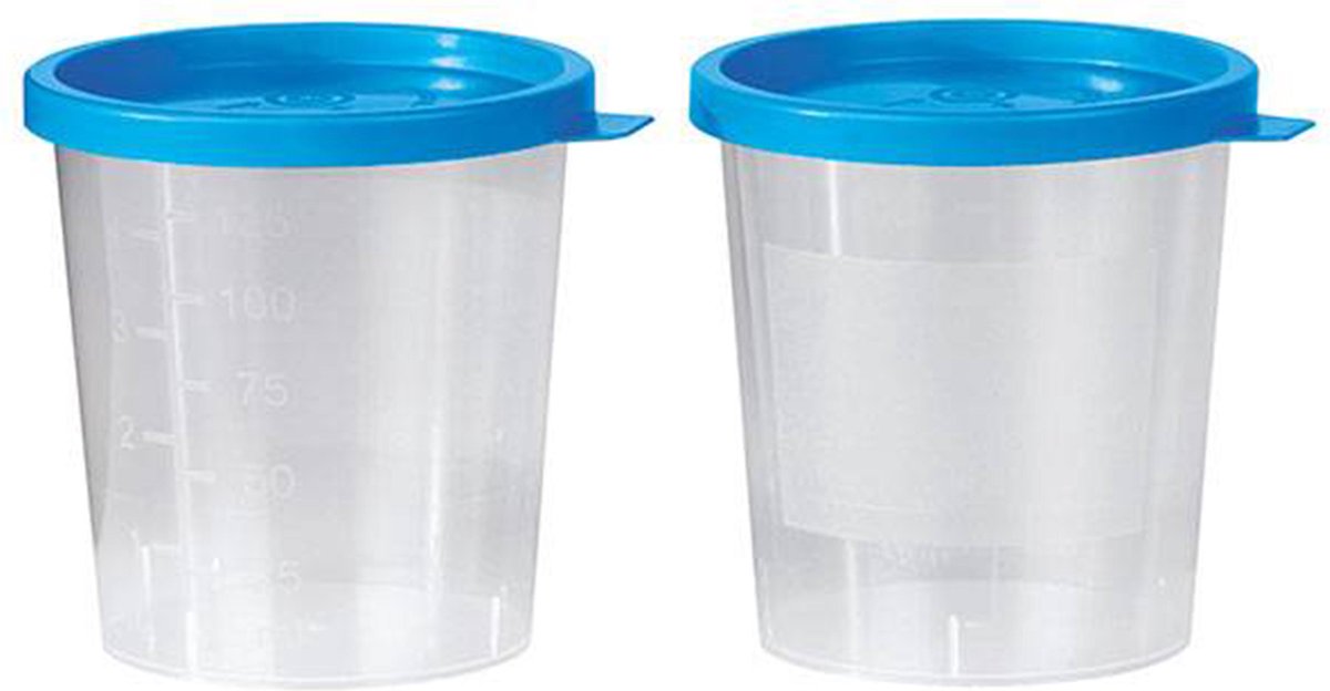 Goedkoopste Urine Potjes Blauwe deksel – 10 Stuks Eenvoudiger - Cup – Beker - 125 ML – Afsluitbaar Urine containers – Bakje voor Urine – Herbruikbare Containers