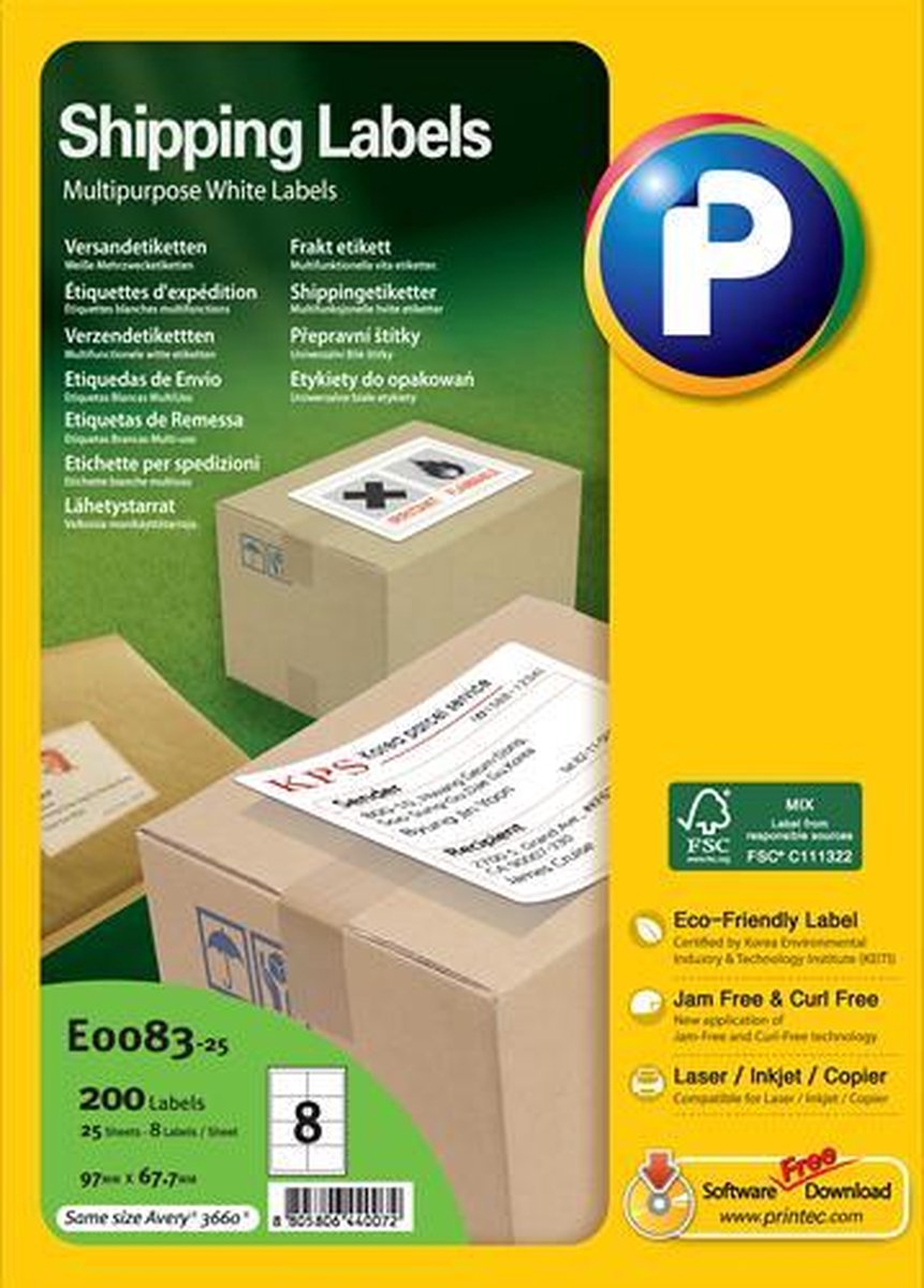 Printec Verzend etiketten - 25 vel - 97x67.7mm - 8 labels per A4 - 200 stickers per doos