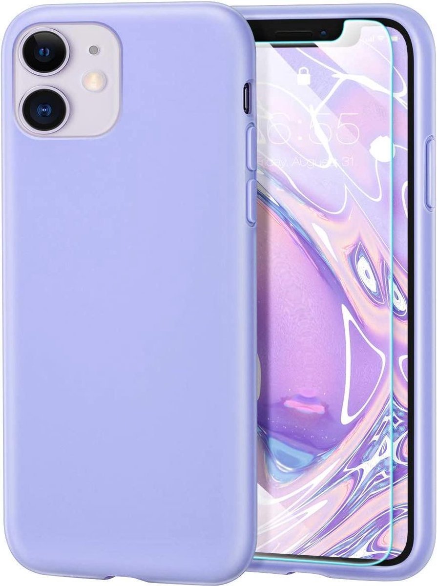 Siliconen Backcover Hoesje Paars + Tempered Glas Screenprotector Geschikt voor: Apple iPhone 11 Pro