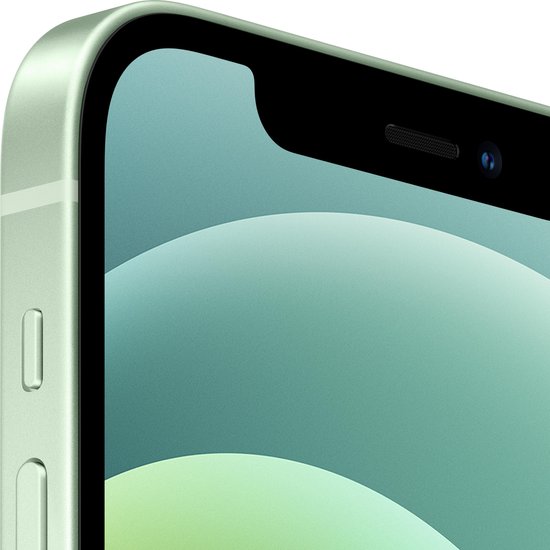 Close-up van het scherm en de zijkant van een lichtgroene iPhone.