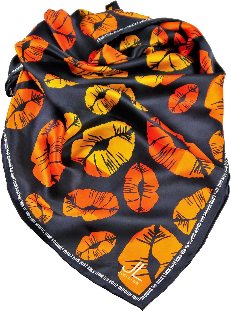 Josi Louis 100% Zijden sjaal - Don’t talk just kiss - Zwart Oranje Geel - vierkant 90×90 cm - luxe zacht zijden sjaal