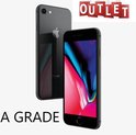 Donkergrijze iPhone 8 van voren en achteren, met de tijd en datum op het scherm. Bovenin staat 'OUTLET A GRADE'.
