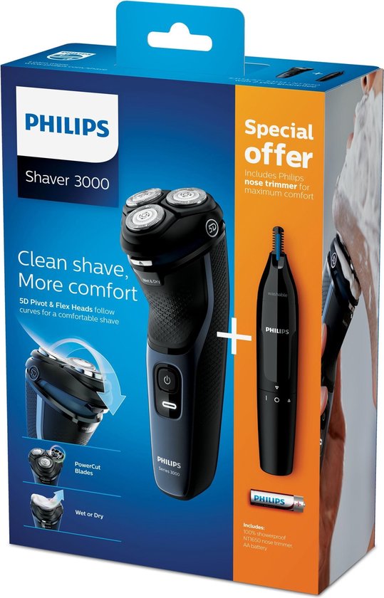 Pogo stick sprong Tot stand brengen Ondergedompeld Philips Shaver Series 3000 S3134/57 - Scheerapparaat incl. neus- en  oorhaartrimmer | bol.com