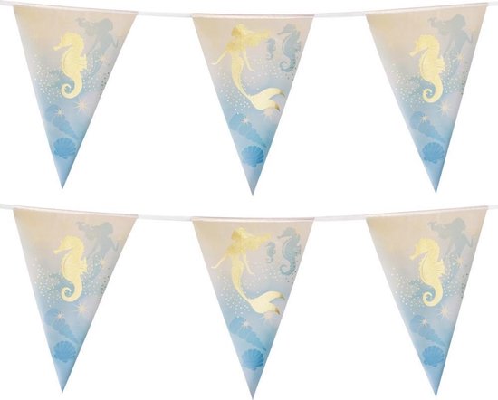 2x Zeemeermin/mermaid/oceaan themafeest folie vlaggenlijnen goud 4 meter - Kinder feestartikelen/versiering voor op tafel