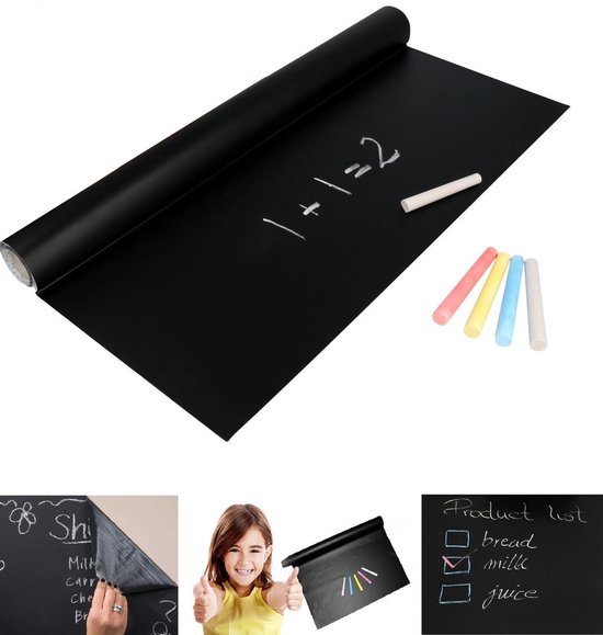 Chalkboard Foil XL - Autocollant avec 5 craies - Tableau Autocollant Enfants - Tableau Autocollant - Tableau Ardoise - Tableau Noir - Feuille Memo Board - 200 x 45 CM - Zwart
