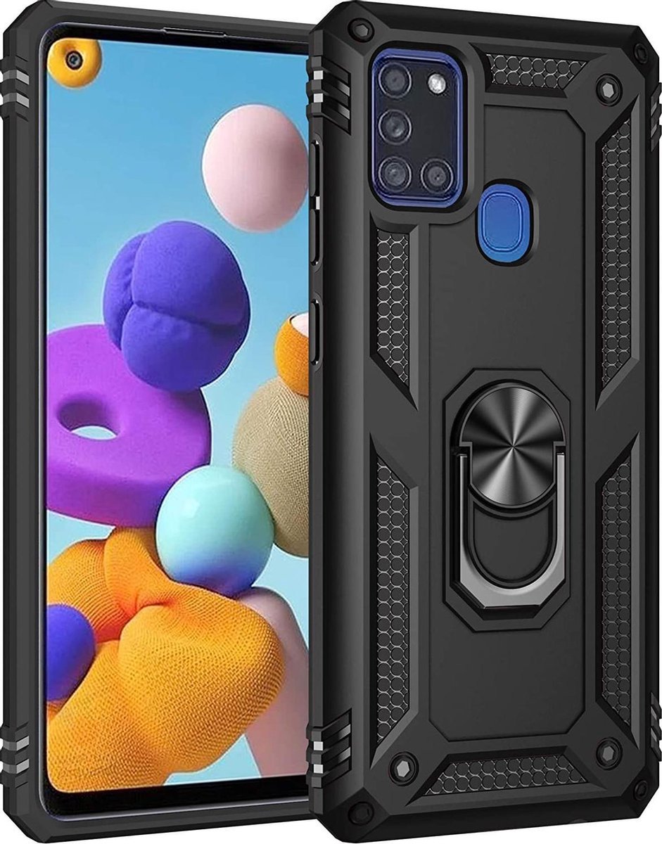 Anti-Shock Hybrid Ring Armor Hoesje Geschikt voor: Samsung Galaxy M21 - zwart