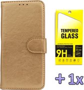 iPhone 12 & iPhone 12 Pro Hoesje Goud - Luxe Kunstlederen Portemonnee Book Case & Glazen Screenprotector