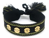 Stoffen Armband Dames - RVS Munten LOVE - Lengte Verstelbaar - Zwart en Goudkleurig