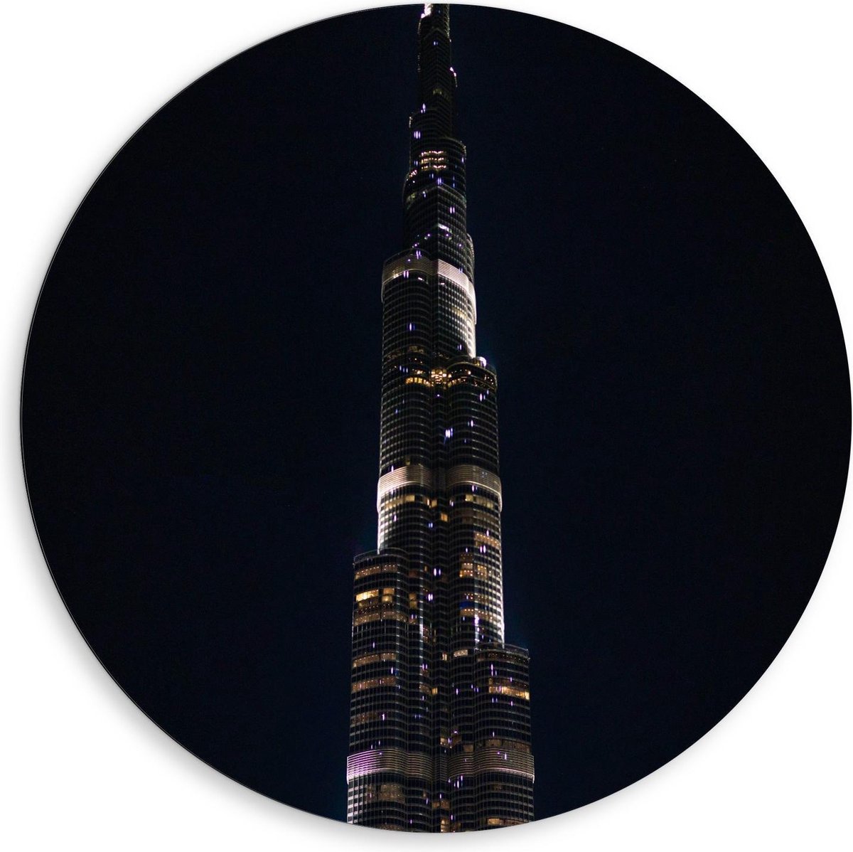 Dibond Wandcirkel - Dubai Fontein in het Donker - 80x80cm Foto op Aluminium Wandcirkel (me