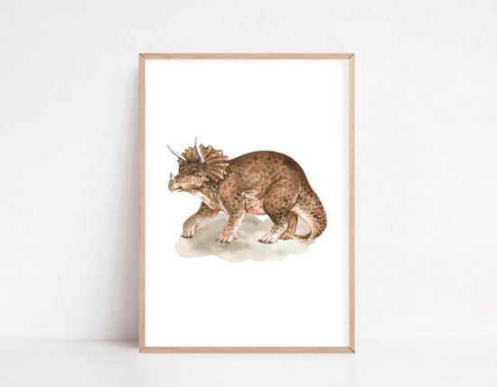 Une aquarelle d'un Triceratops brun avec trois cornes, debout sur un fond clair.