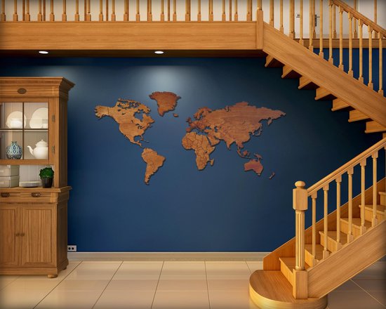 Houten Wereldkaart Groot PREMIUM | ECHT HOUT - Warme kleur - Volledig Duurzaam - Landkaart - 170 x 85 CM - Wanddecoratie - Muurdecoratie- Design