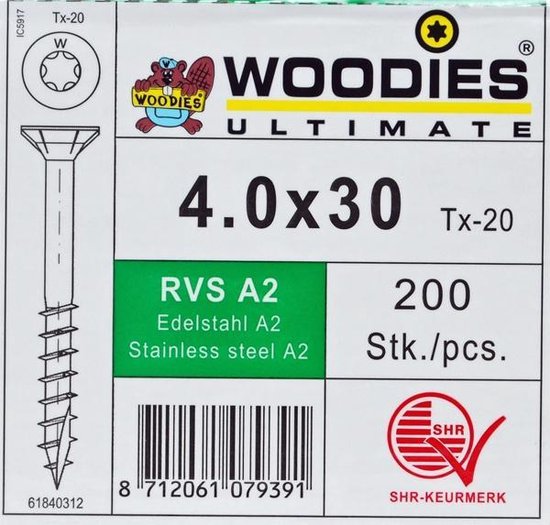 WOODIES® Ultimate Platverzonkenkopschroef Torx RVS 4x30 Deeldraad - VE=200 - 61840312 - WOODIES® Ultimate
