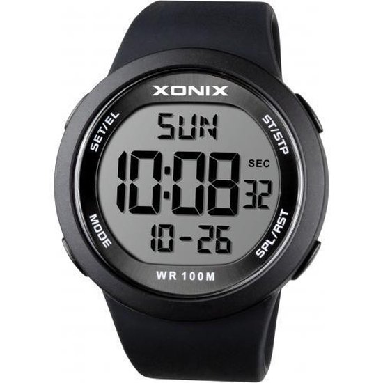 Xonix NY-A06 - Horloge - Digitaal - Heren - Mannen - Siliconen band - ABS - Cijfers - Achtergrondverlichting - Alarm - Start-Stop - Chronograaf - Tweede tijdzone - Waterdicht - 10 ATM - Zwart