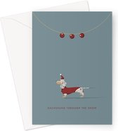 Chien et chevrons - carte de Noël de teckel bringé - carte de voeux festive de teckel pommelé argenté