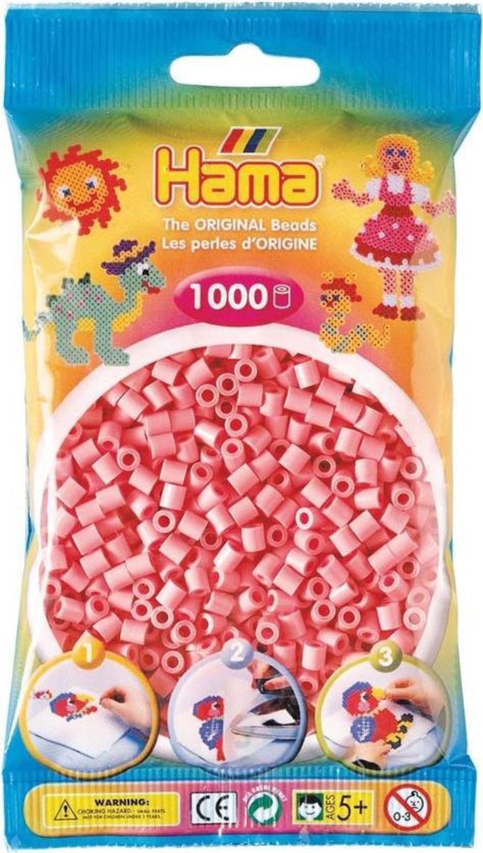 Hama zachtroze / licht roze (pastel pink) midi strijkkralen, zakje met 1.000 stuks normale strijkparels voor kinderen