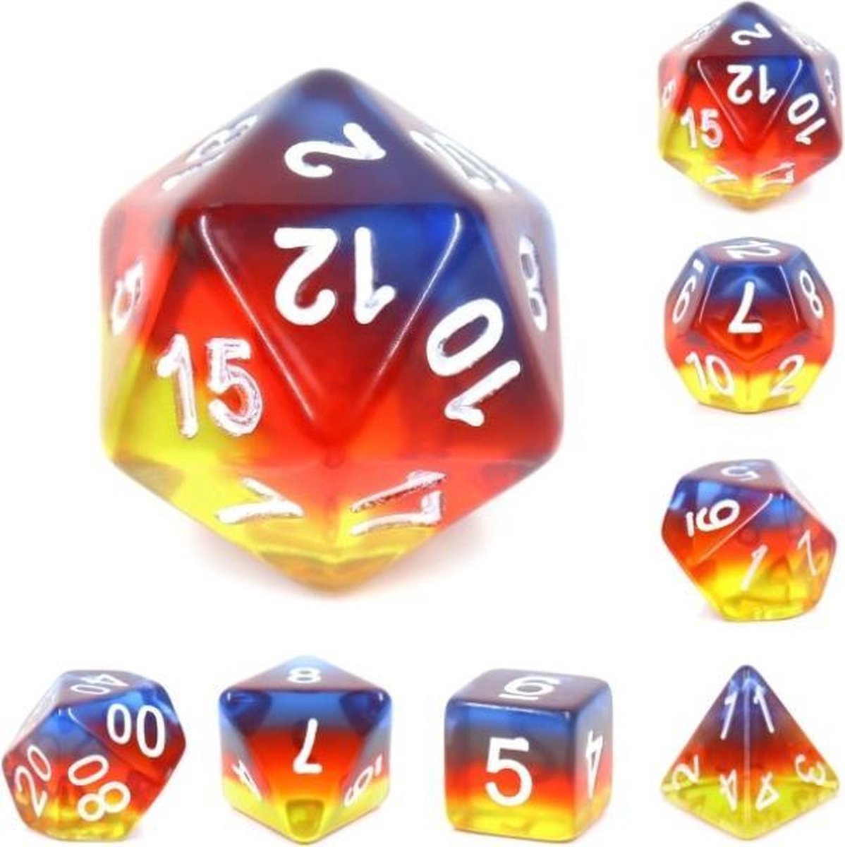 Polyset Dice | Dobbelstenen - Set Van 7 Stuks - Rood Zwart Blauw Geel Transparant Wit | Voor D&D en Andere Rollenspellen | Plastic Dobbelstenen Set voor Dungeons and Dragons | Polyhedral Dice Set | Mooie Zwarte Velvet Dice Bag voor Ongeveer 3 Sets