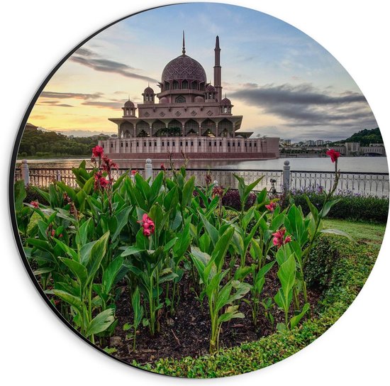 Dibond Wandcirkel - Masjid Putra Moskee met Planten - 20x20cm Foto op Aluminium Wandcirkel (met ophangsysteem)