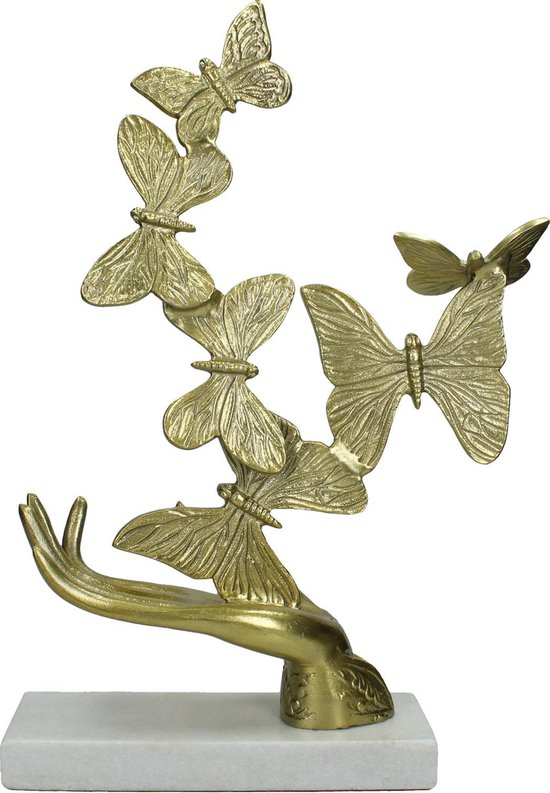 Ornament Hand Vlinders - Ornament op Voet - Marmeren Voet - Aluminium - Goud - Gouden Vlinders Deco - 30X10X46CM - Decoratieve Woonaccessoires - Woonaccessoires - Woondecoratie - Rouw Cadeau - Kado