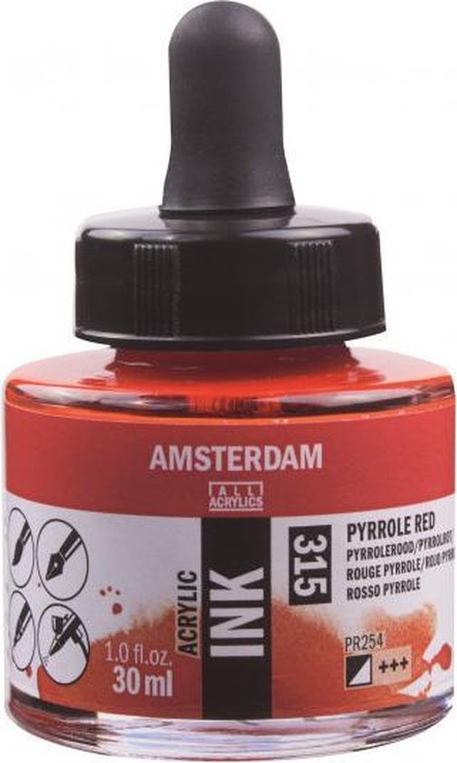 Amsterdam acryl inkt fles 30 ml, met pipet dop. Label met "AMSTERDAM ALL ACRYLICS INK 315 PYRROLE RED" en een rode vlek.