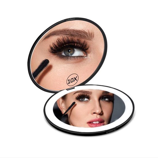 Compact Make-up Spiegel met Tru-Daylight Verlichting - 10x Vergroting en inklapbaar | LED verlichting |Scheerspiegel |Zwart - Zixin