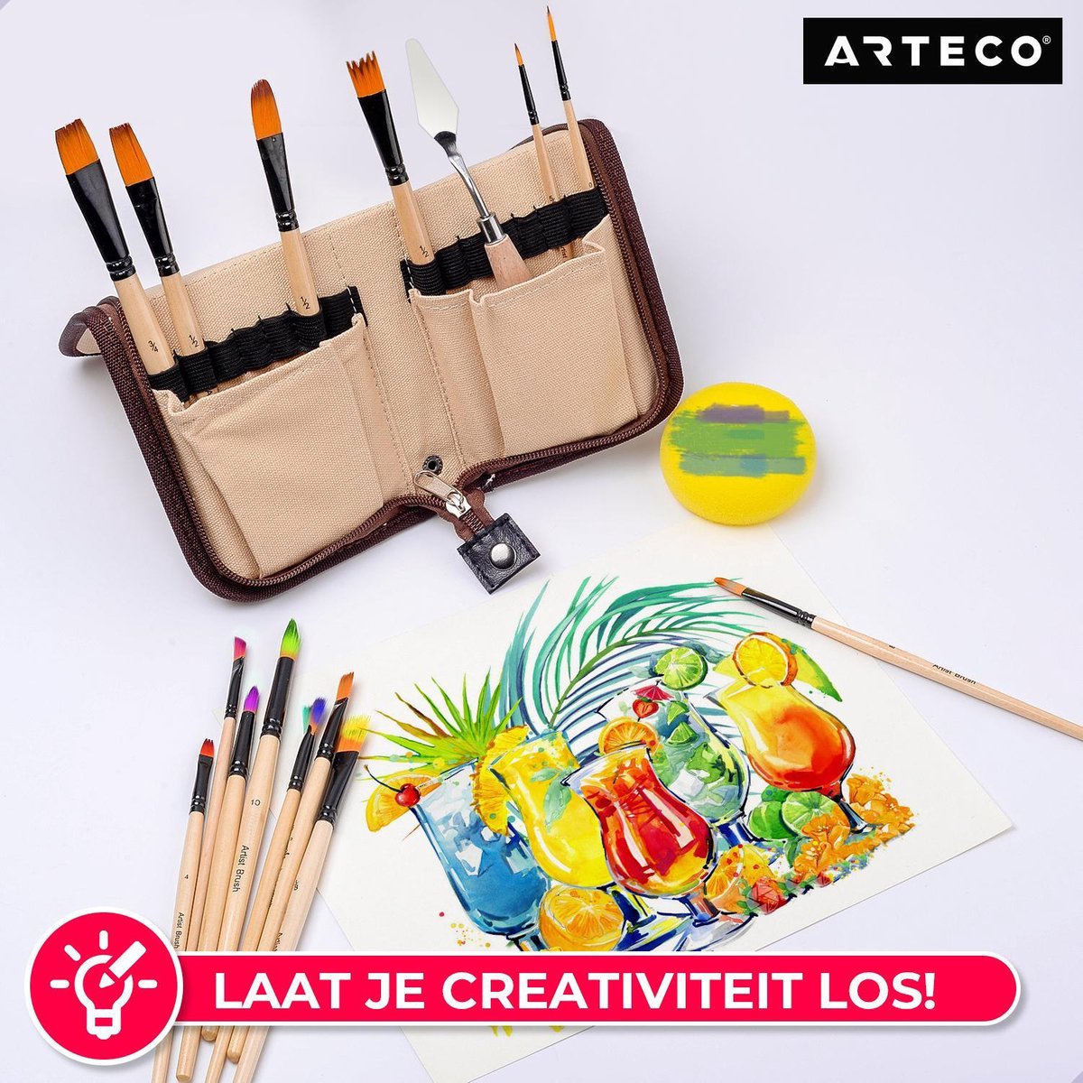 ARTECO® 16-delige Penselenset Inclusief Spons en Paletmes - Penselenset - Penselen - Acrylverf - Aquarelverf - Olieverf - Waterverf – Kwasten — afbeelding 11